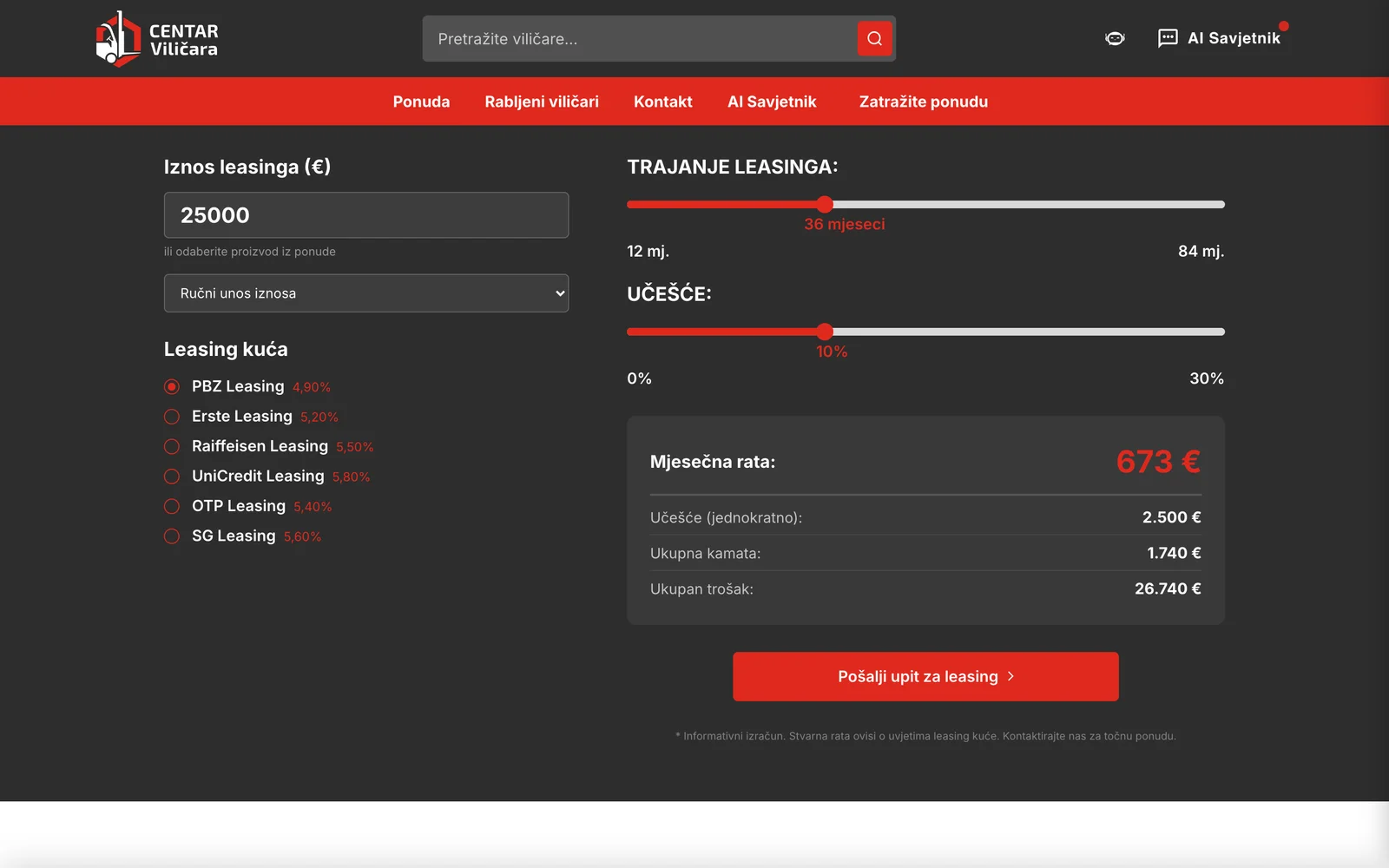Kalkulator leasinga — rata prije upita