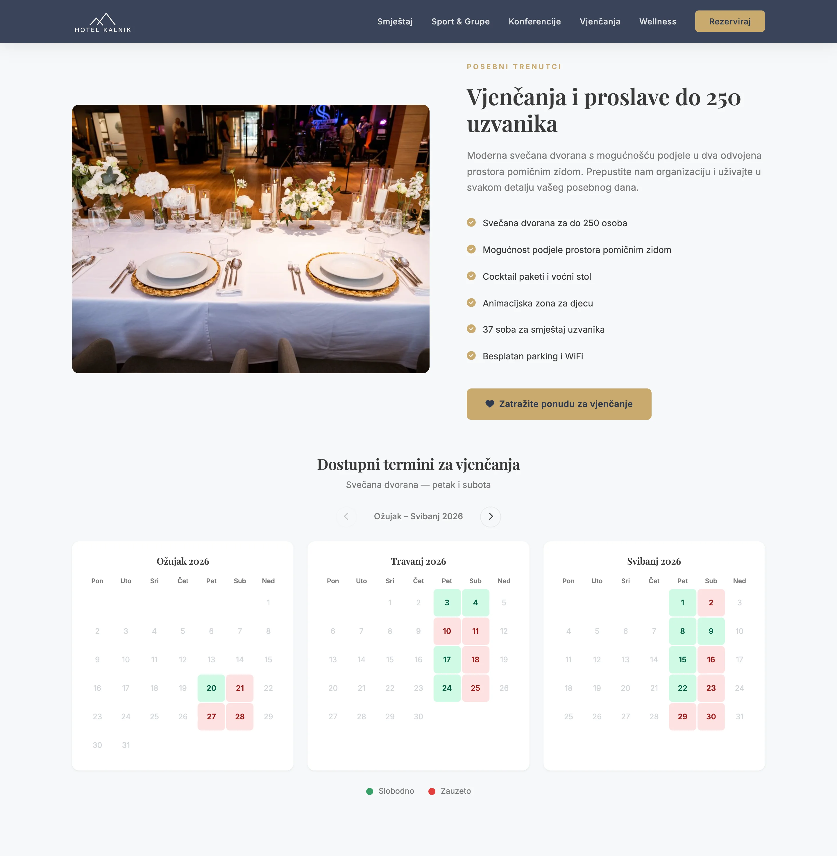 Kalendar vjenčanja — Real-time dostupnost