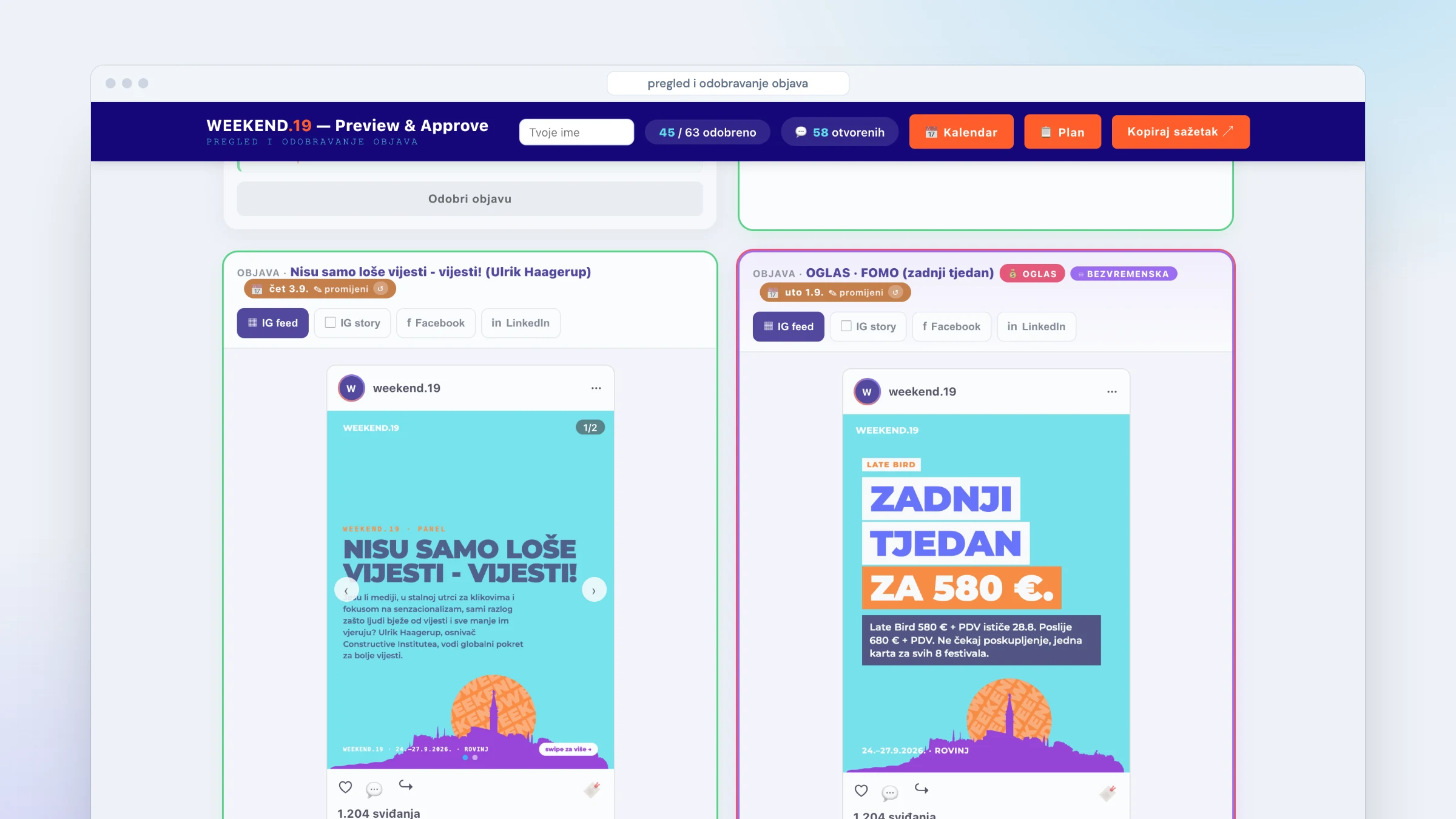 Dashboard: klijent odobrava prije objave